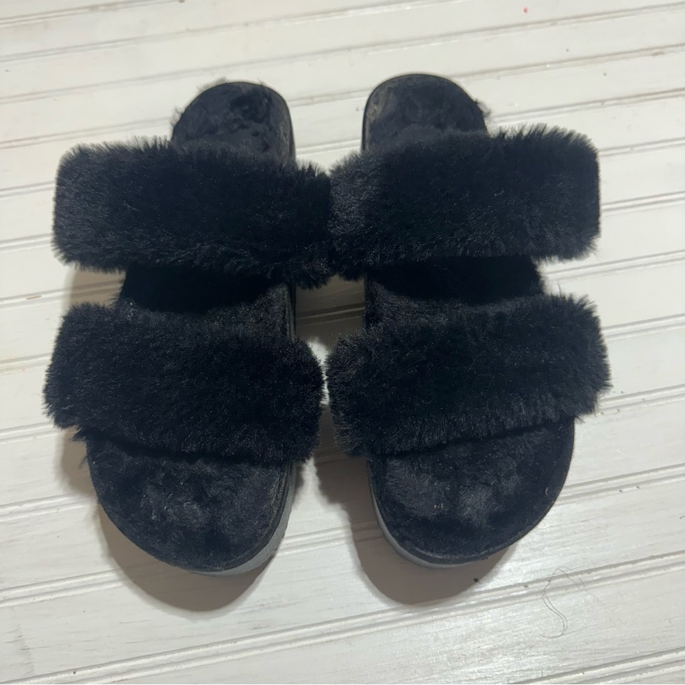 Fashion, nova, black fur sandals size 8